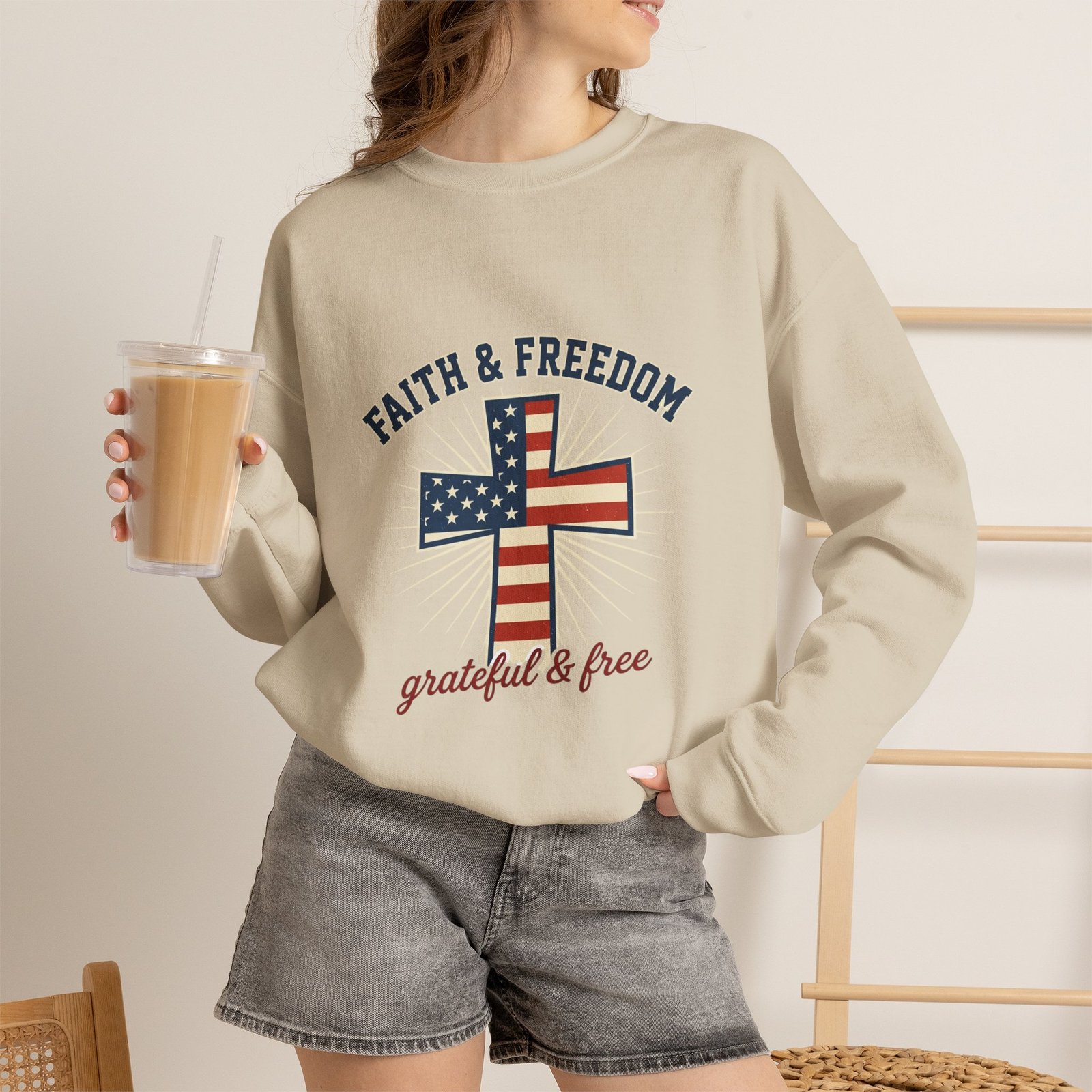 Faith & Freedom Cross Sweatshirt | Patriotic, Faith-based July 4th Vintage Americana - Image 35