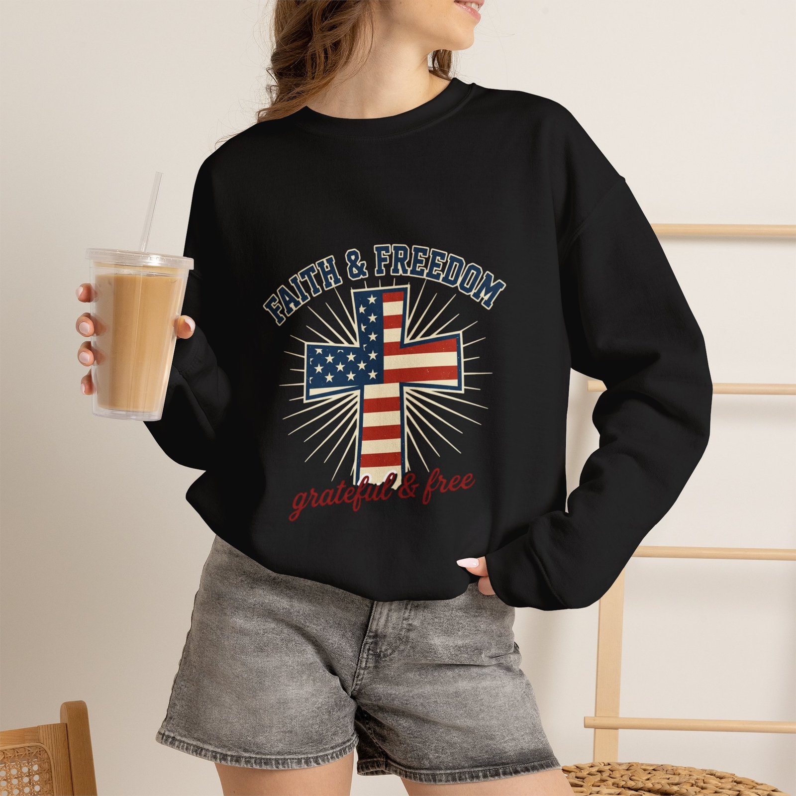 Faith & Freedom Cross Sweatshirt | Patriotic, Faith-based July 4th Vintage Americana - Image 20