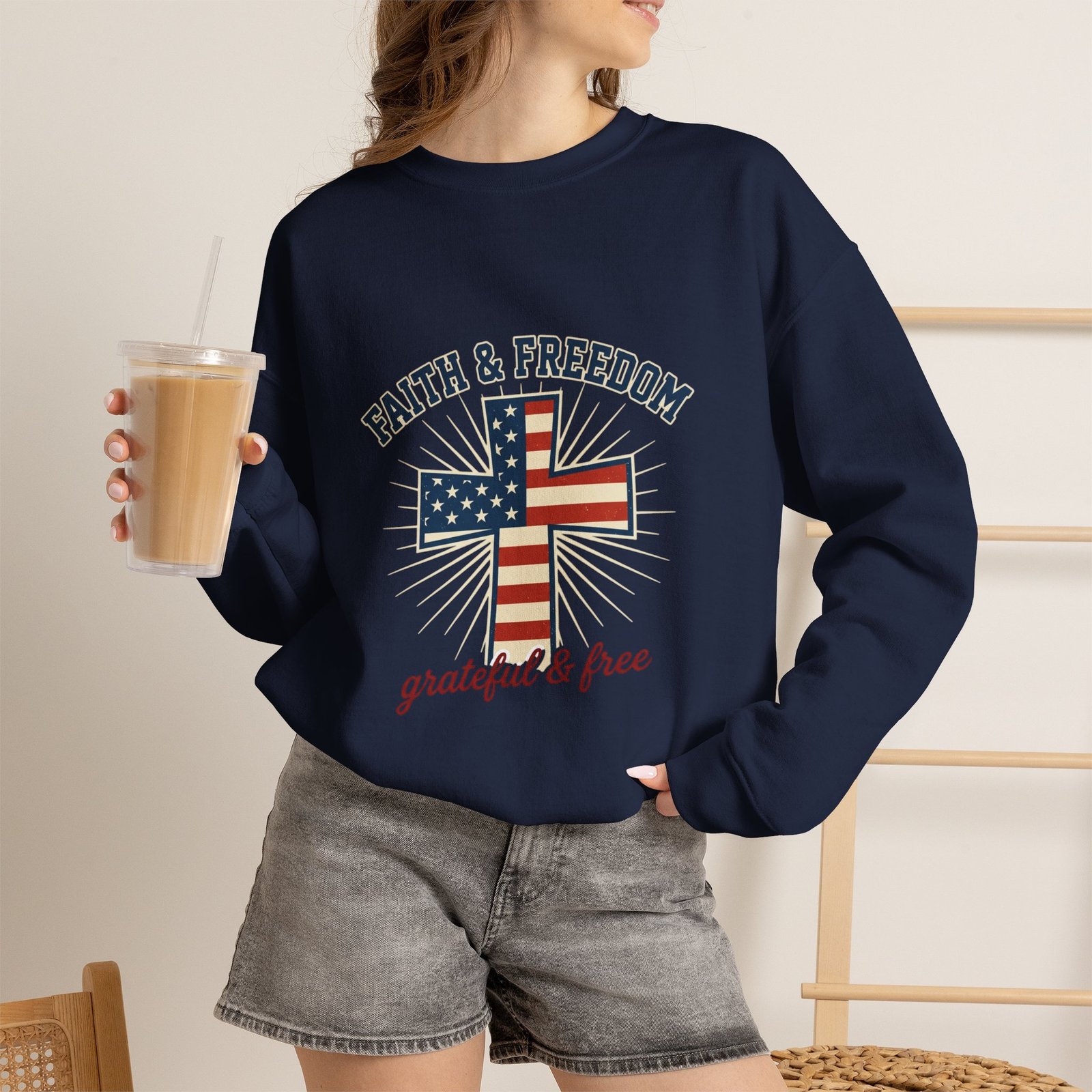 Faith & Freedom Cross Sweatshirt | Patriotic, Faith-based July 4th Vintage Americana - Image 65