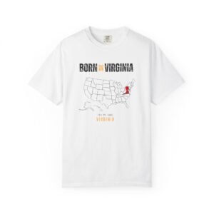 Born in Virginia Map T-Shirt — State Pride Tee with Red Heart Marker