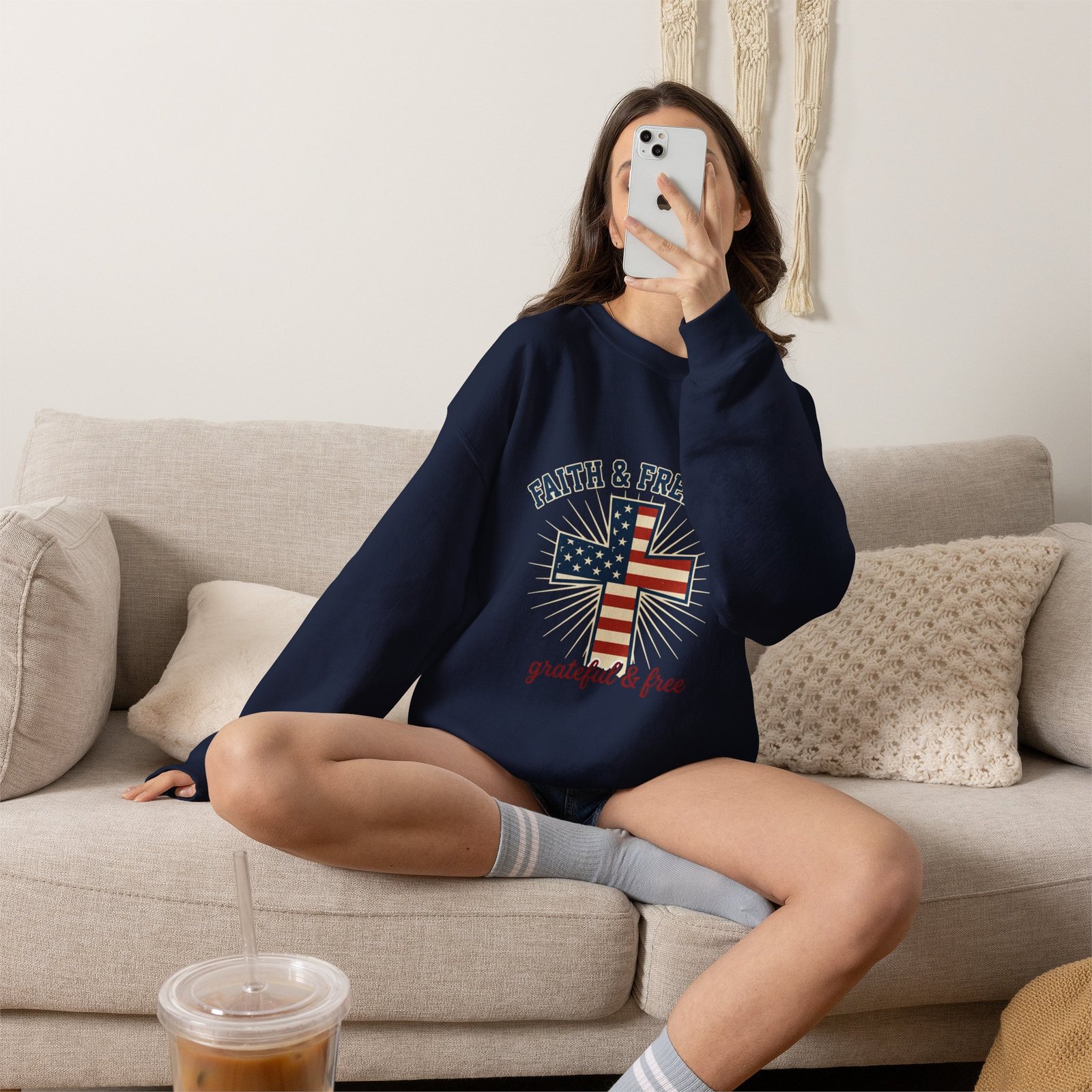 Faith & Freedom Cross Sweatshirt | Patriotic, Faith-based July 4th Vintage Americana - Image 66