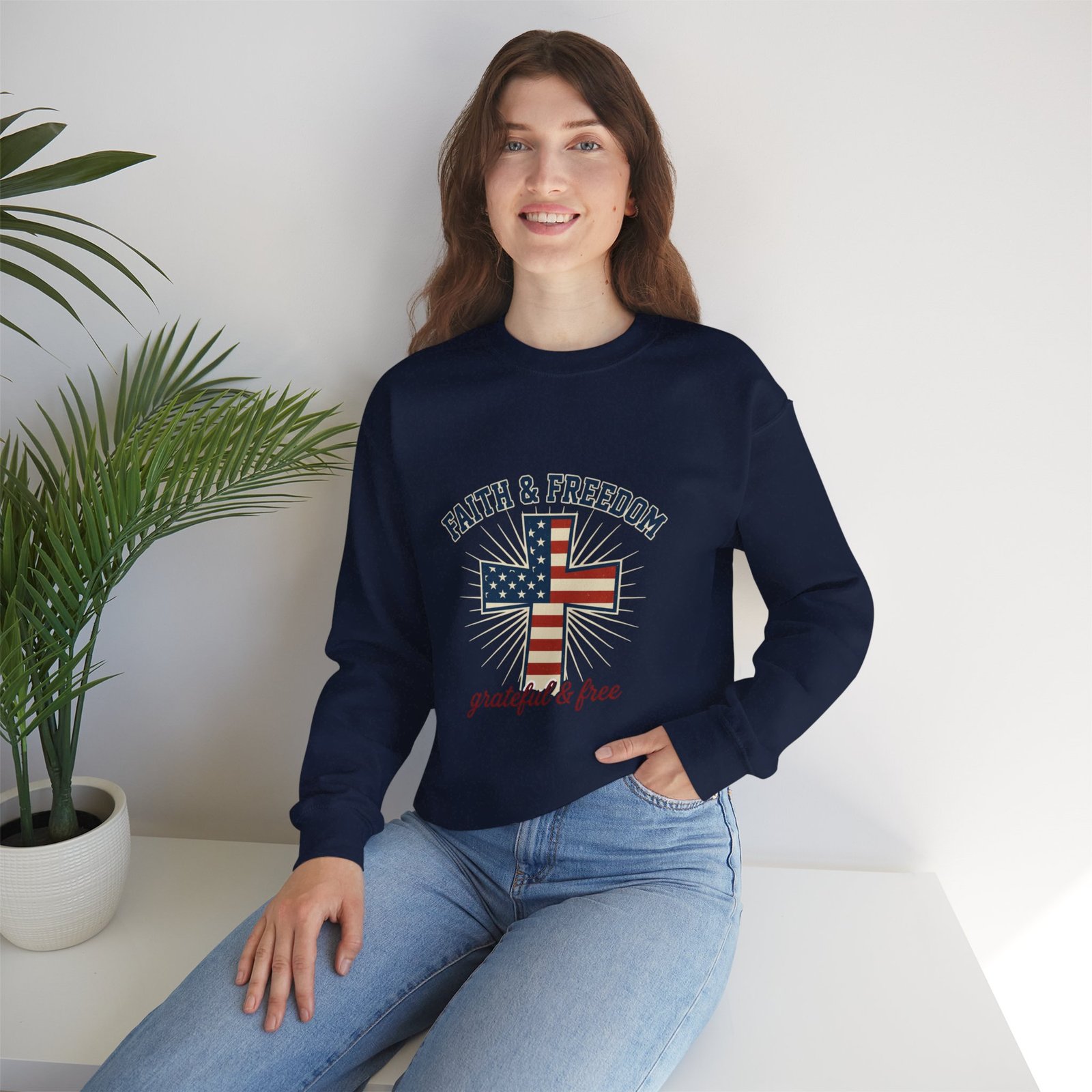Faith & Freedom Cross Sweatshirt | Patriotic, Faith-based July 4th Vintage Americana - Image 74