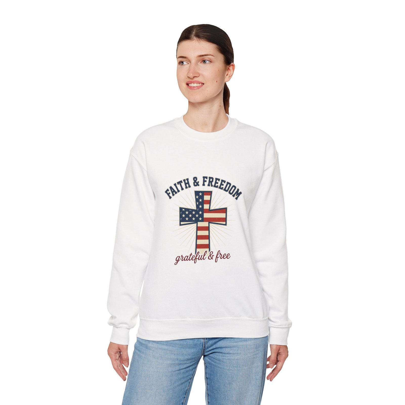 Faith & Freedom Cross Sweatshirt | Patriotic, Faith-based July 4th Vintage Americana - Image 11