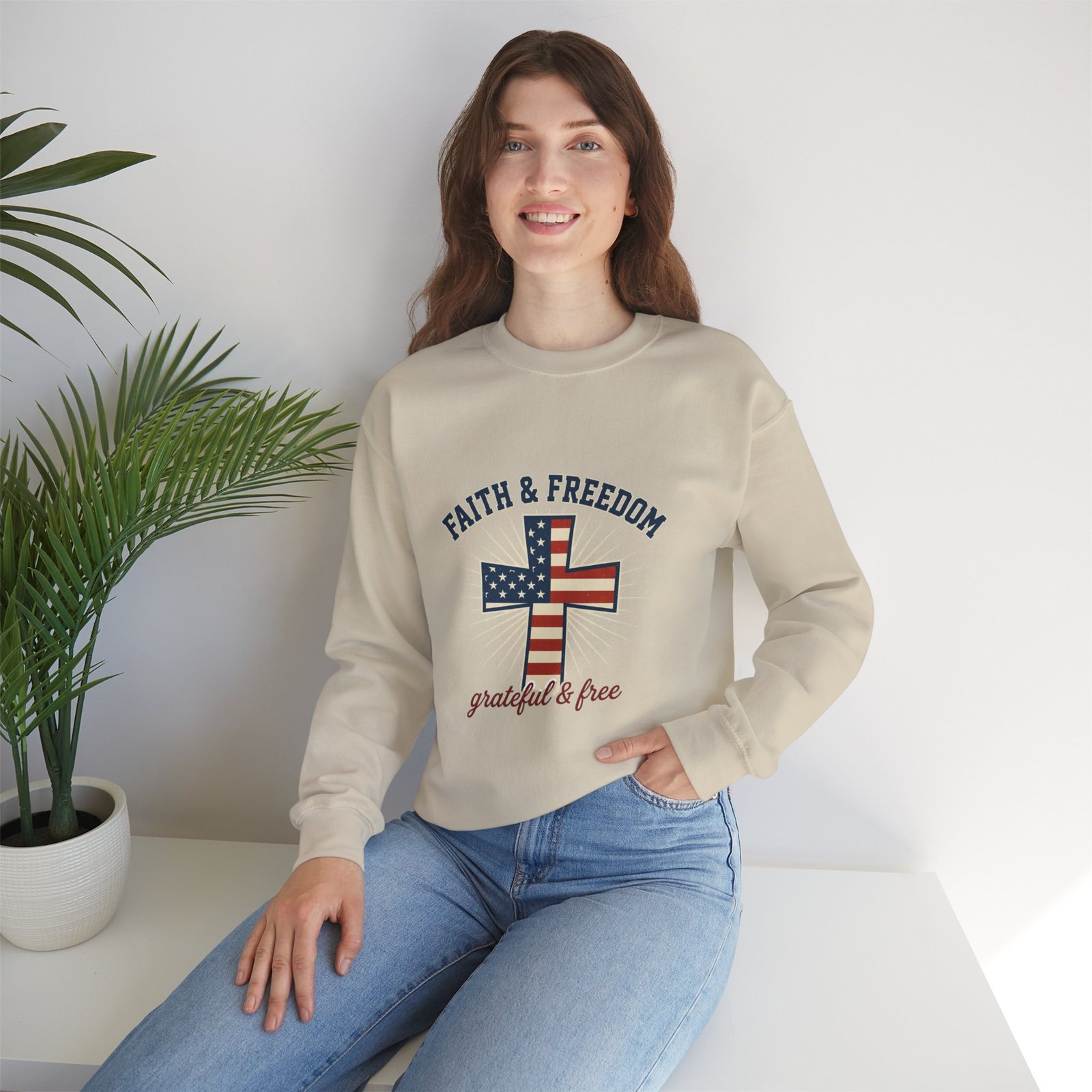 Faith & Freedom Cross Sweatshirt | Patriotic, Faith-based July 4th Vintage Americana - Image 44