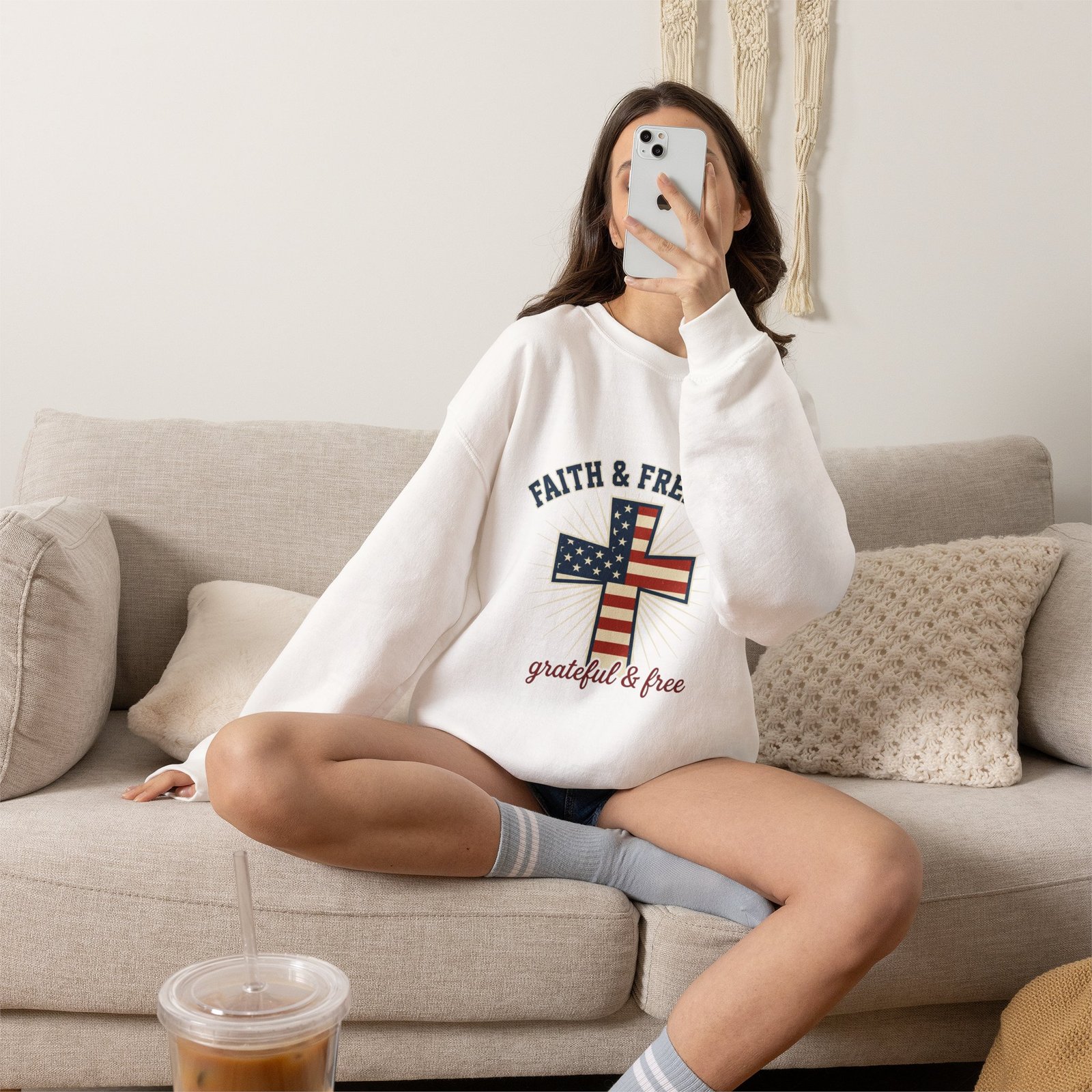 Faith & Freedom Cross Sweatshirt | Patriotic, Faith-based July 4th Vintage Americana - Image 6