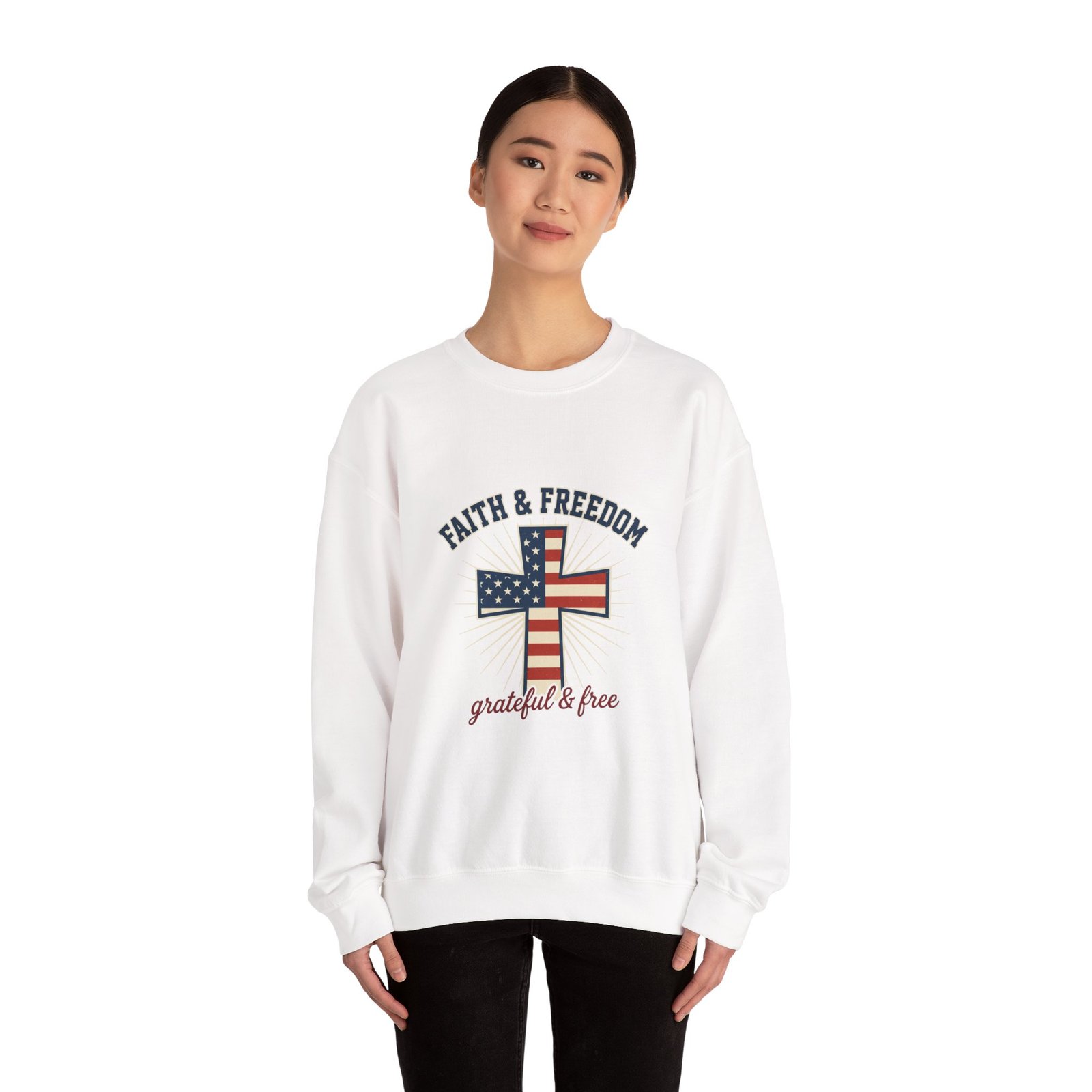 Faith & Freedom Cross Sweatshirt | Patriotic, Faith-based July 4th Vintage Americana - Image 7