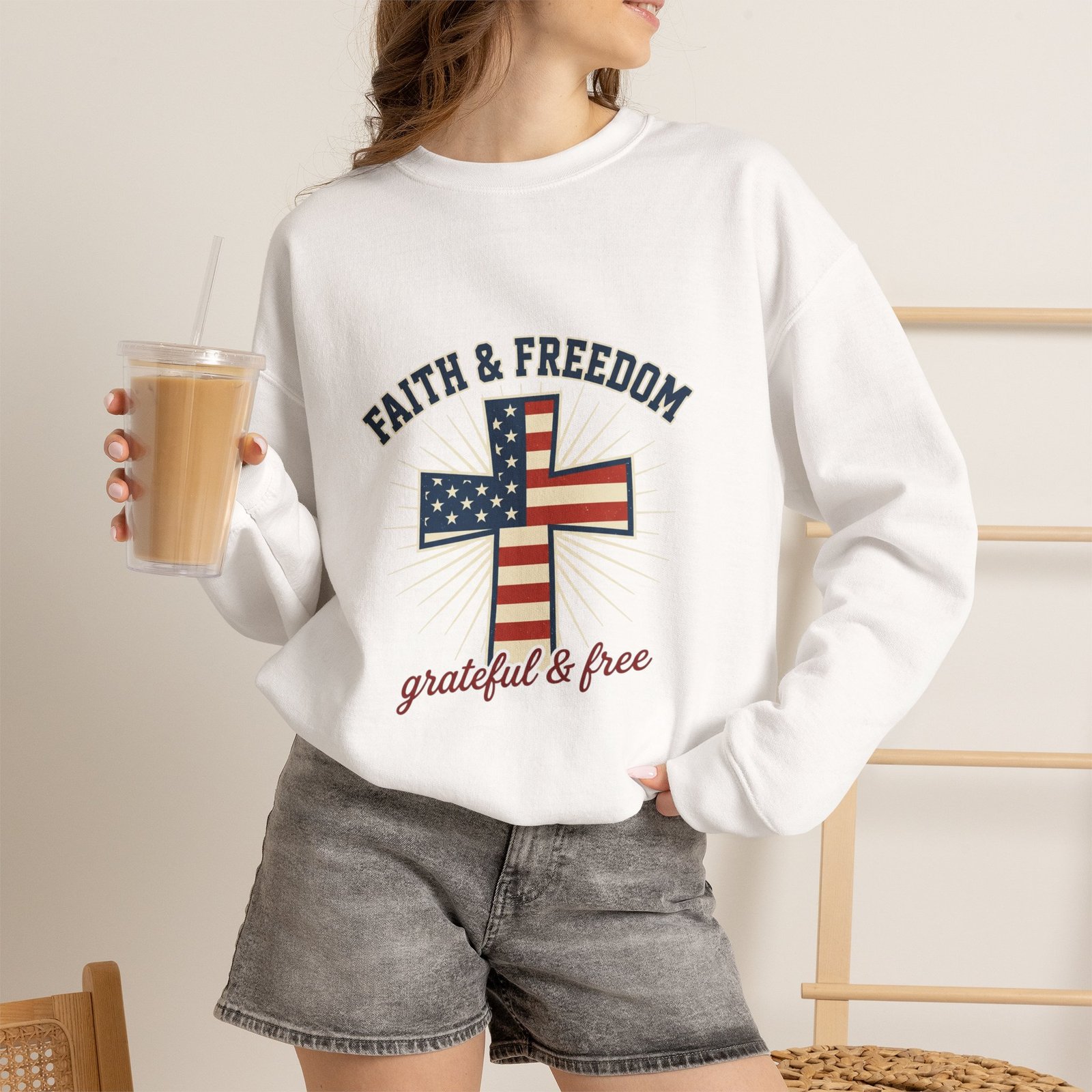 Faith & Freedom Cross Sweatshirt | Patriotic, Faith-based July 4th Vintage Americana - Image 5